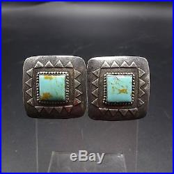 Vintage NAVAJO Hand Stamped Sterling Silver & TURQUOISE Square EARRINGS Pierced