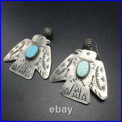 Vintage NAVAJO Hand Stamped Sterling Silver TURQUOISE Thunderbird EARRINGS