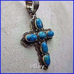 Vintage NAVAJO Hand Stamped Sterling Silver & Turquoise Cluster PENDANT + Chain