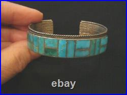 Vintage NAVAJO Silver Channel Turquoise Inlay Stamped Silver Cuff Bracelet