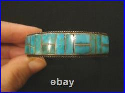 Vintage NAVAJO Silver Channel Turquoise Inlay Stamped Silver Cuff Bracelet