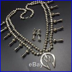Vintage NAVAJO Stamped Cast Sterling Silver SQUASH BLOSSOM Necklace Earrings SET