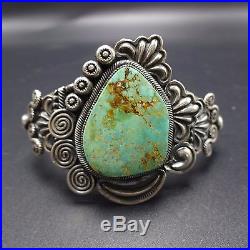 Vintage NAVAJO Stamped & Repoussé Sterling Silver & TURQUOISE Cuff BRACELET