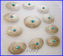 Vintage NAVAJO Stamped STERLING SILVER & TURQUOISE 11 Piece Concho Belt 352g
