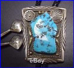 Vintage NAVAJO Sterling Silver & KINGMAN TURQUOISE BOLO Tie, Hand Stamped Tips