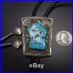 Vintage NAVAJO Sterling Silver & KINGMAN TURQUOISE BOLO Tie, Hand Stamped Tips