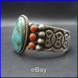Vintage NAVAJO Sterling Silver TURQUOISE CORAL Cuff BRACELET Hand Stamped Inner