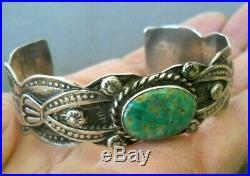 Vintage Native American Green Turquoise Stamped Sterling Silver Cuff Bracelet