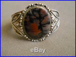 Vintage Native American Petrified Wood Sterling Silver Stamped Cuff Bracelet