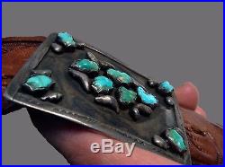 Vintage Native American Silver Belt Buckle Carved Blue & Green Turquoise Stamped