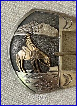 Vintage Native American Sterling Silver Overlay Belt Buckle Hand Stamped 14K