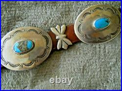 Vintage Native American Turquoise Sterling Silver Stamped Brown Concho Belt