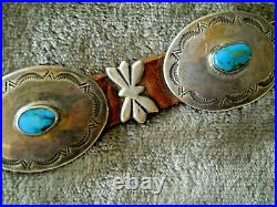 Vintage Native American Turquoise Sterling Silver Stamped Brown Concho Belt