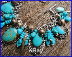 Vintage Navajo Charms Kingman Turquoise Stamped Bench Beads Sterling Bracelet