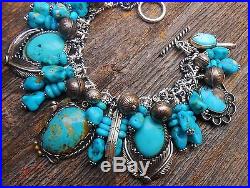 Vintage Navajo Charms Kingman Turquoise Stamped Bench Beads Sterling Bracelet