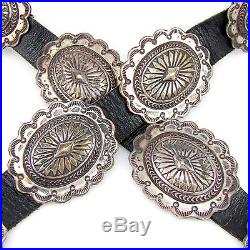Vintage Navajo Hand Stamped Sterling Silver & Genuine Leather Concho Belt G IX