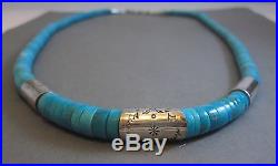 Vintage Navajo Hand Stamped Sterling Silver Turquoise Heishi Bead Necklace 55G