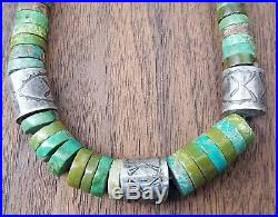 Vintage Navajo Hand Stamped Sterling Silver Turquoise Heishi Bead Necklace 88 G