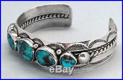 Vintage Navajo NAT Bisbee Blue Turquoise Bracelet Stamped Sterling Silver