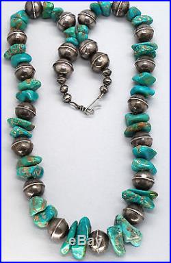 Vintage Navajo Stamped Sterling Silver Bead Necklace Turquoise LRG KNOCK-OUT