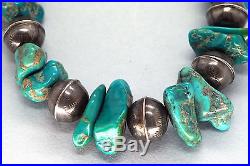 Vintage Navajo Stamped Sterling Silver Bead Necklace Turquoise LRG KNOCK-OUT