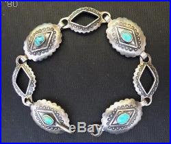 Vintage Navajo Stamped Sterling Silver / Old Pawn Turquoise Concho Bracelet