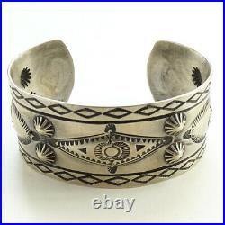Vintage Navajo Sterling Silver Cuff Bracelet Whirling Logs Stamp Work Buttons