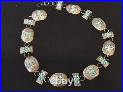 Vintage Navajo Sterling Silver Turquoise Concho Belt Stamped Conchas Chain Link