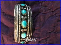 Vintage Navajo indian OldPawn SS Silver & Turquoise stamp work Bracelet Cuff