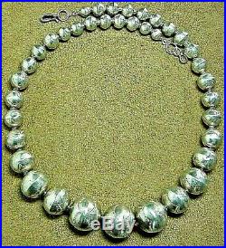 Vintage Old Pawn Sterling Silver Graduated Hand Stamped Navajo Pearls Necklace