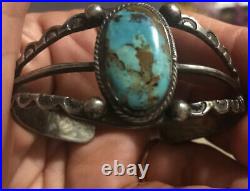 Vintage Sterling Silver Fred Harvey Era Navajo Stamped Turquoise Cuff Bracelet