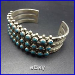 Vintage ZUNI Hand-Stamped Sterling Silver TURQUOISE Petit Point Cuff BRACELET
