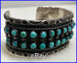 Vintage ZUNI Sterling Silver Double Row Snake Eye TURQUOISE Cuff Hand Stamped