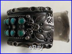 Vintage ZUNI Sterling Silver Double Row Snake Eye TURQUOISE Cuff Hand Stamped