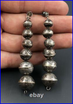 Vtg Fred Harvey Navajo Sterling Silver Stamped Bench Bead Pearls Dangle Earrings