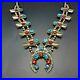 Vtg NAVAJO Hand Stamped Sterling Silver CORAL TURQUOISE Squash Blossom NECKLACE