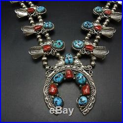 Vtg NAVAJO Hand Stamped Sterling Silver CORAL TURQUOISE Squash Blossom NECKLACE