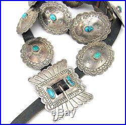 Vtg Navajo Handmade Hand Stamped Sterling Silver & Turquoise Concho Belt G BMI