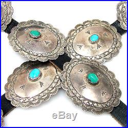 Vtg Navajo Handmade Hand Stamped Sterling Silver & Turquoise Concho Belt G BMI