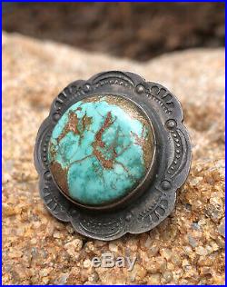 Vtg Old Pawn Navajo Sterling Silver Gem Pilot Mountain Turquoise Stamped Ring