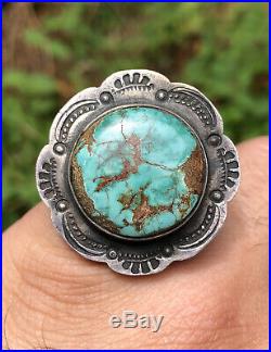 Vtg Old Pawn Navajo Sterling Silver Gem Pilot Mountain Turquoise Stamped Ring