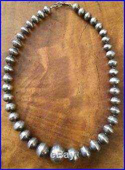 Vtg STERLING SILVER GRADUATED Hand Stamped Bench Bead NAVAJO PEARL NECKLACE 17