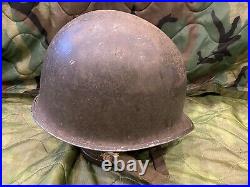 WW2 Front Seam Fixed Bale M1 Helmet Shell 221C heat stamp, US Army USMC WWII