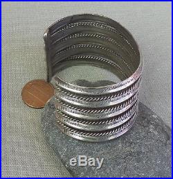 Wide Vintage Native American Silver Stamped Carinated Row Cuff Bracelet