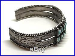 Zuni Old Pawn Stamped Sterling Silver Turquoise 2 Row Petit Point Cuff Bracelet